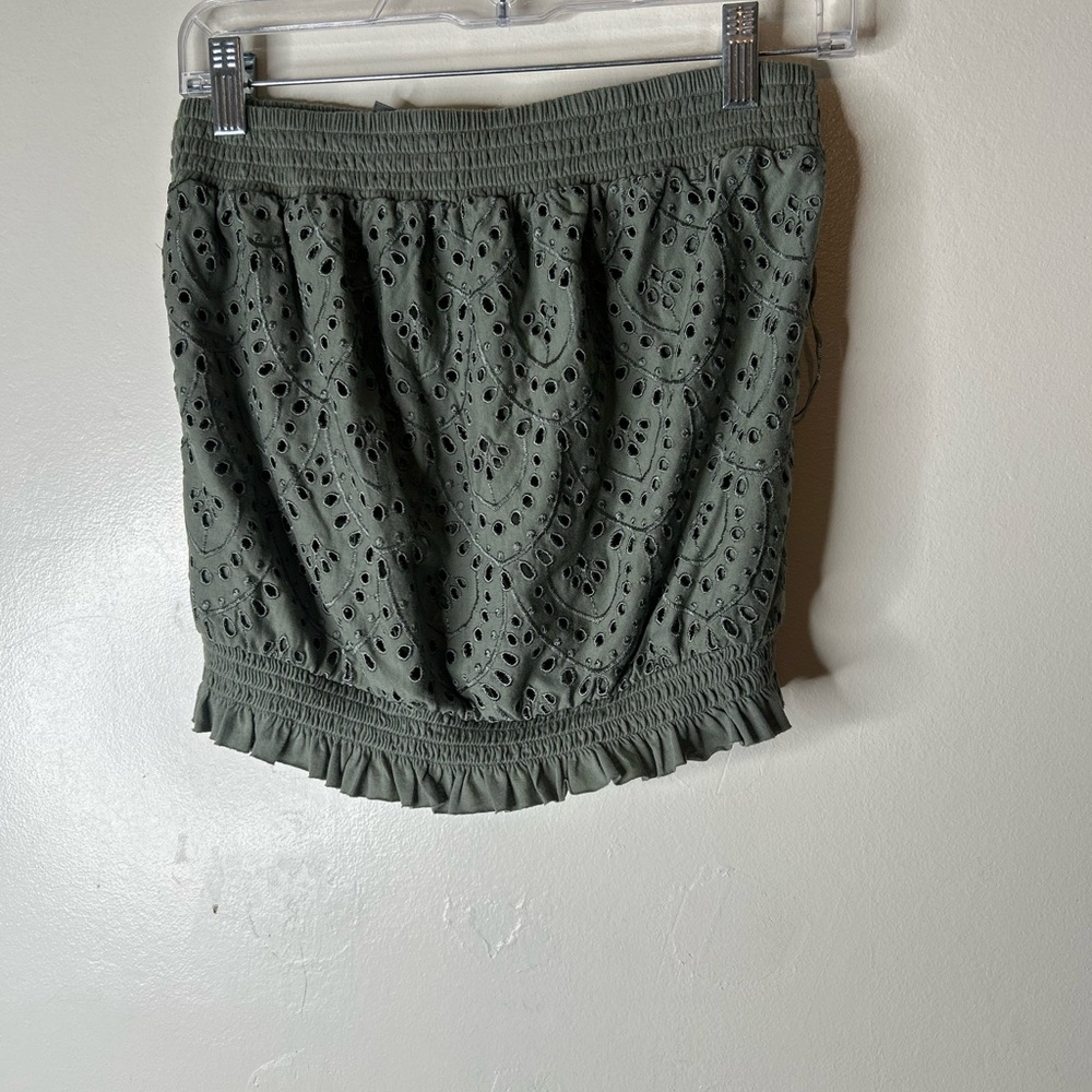 Anthropologie Dasha Eyelet Tube Top Smocked Ruffle Green Cropped Blouse